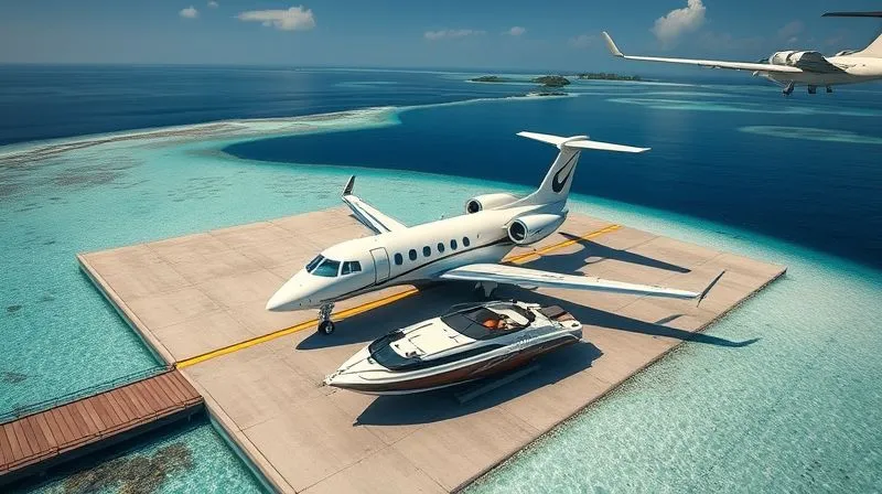 A photorealistic, high-angle shot of a luxurious private jet parked on a remote island airstrip, with a sleek speedboat waiting at a nearby dock, ready to transfer guests to a hidden resort. The scene emphasizes seamless, high-end travel logistics. Professional photography, 8K, cinematic lighting, sharp focus, depth of field. Shot on a high-end DSLR. A photorealistic, high-angle shot of a luxurious private jet parked on a remote island airstrip, with a sleek speedboat waiting at a nearby dock, ready to transfer guests to a hidden resort. The scene emphasizes seamless, high-end travel logistics. Professional photography, 8K, cinematic lighting, sharp focus, depth of field. Shot on a high-end DSLR.