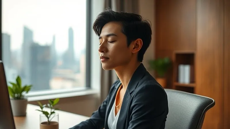 A photorealistic image of an executive in a modern, minimalist office, taking a moment to meditate with eyes closed, a subtle, serene expression on their face. A small, vibrant green plant is on their desk, and a window shows a blurred city skyline, symbolizing urban life. The lighting is soft and natural, emphasizing inner peace amidst external demands. Professional photography, 8K, cinematic lighting, sharp focus, depth of field. Shot on a high-end DSLR. A photorealistic image of an executive in a modern, minimalist office, taking a moment to meditate with eyes closed, a subtle, serene expression on their face. A small, vibrant green plant is on their desk, and a window shows a blurred city skyline, symbolizing urban life. The lighting is soft and natural, emphasizing inner peace amidst external demands. Professional photography, 8K, cinematic lighting, sharp focus, depth of field. Shot on a high-end DSLR.