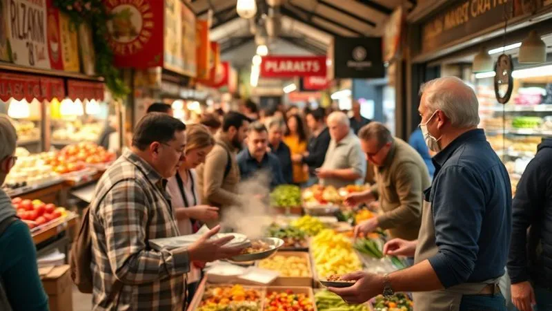 A photorealistic, professional photography shot of a bustling, vibrant local food market in an old European city, with a diverse crowd of locals interacting with vendors selling fresh produce, cheeses, and street food. The air is filled with steam and enticing aromas, cinematic lighting highlighting colorful stalls and diverse faces, sharp focus on a vendor handing over a freshly prepared dish, depth of field blurring the background, 8K hyper-detailed, shot on a high-end DSLR. A photorealistic, professional photography shot of a bustling, vibrant local food market in an old European city, with a diverse crowd of locals interacting with vendors selling fresh produce, cheeses, and street food. The air is filled with steam and enticing aromas, cinematic lighting highlighting colorful stalls and diverse faces, sharp focus on a vendor handing over a freshly prepared dish, depth of field blurring the background, 8K hyper-detailed, shot on a high-end DSLR.