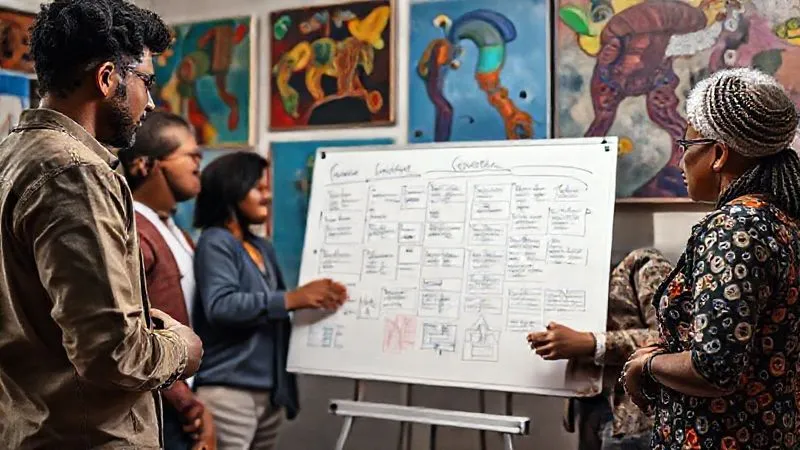 A photorealistic image of a diverse group of professionals (an engineer, a teacher, a healthcare worker) collaboratively mapping out their skills on a whiteboard with a local community leader, surrounded by vibrant, culturally rich artwork, representing alignment of skills and needs. Cinematic lighting, sharp focus on the whiteboard, depth of field, 8K hyper-detailed, professional photography. A photorealistic image of a diverse group of professionals (an engineer, a teacher, a healthcare worker) collaboratively mapping out their skills on a whiteboard with a local community leader, surrounded by vibrant, culturally rich artwork, representing alignment of skills and needs. Cinematic lighting, sharp focus on the whiteboard, depth of field, 8K hyper-detailed, professional photography.