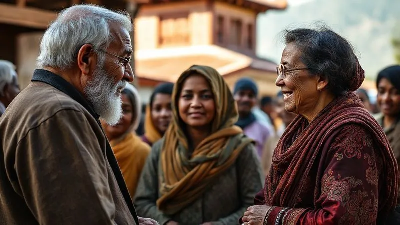 A photorealistic image of a diverse group of people engaged in a respectful dialogue, perhaps a local community elder sharing wisdom with a listening volunteer, against a backdrop of traditional architecture and natural beauty. The expressions convey understanding and mutual respect, cinematic lighting, sharp focus on their faces, depth of field, 8K hyper-detailed, professional photography. A photorealistic image of a diverse group of people engaged in a respectful dialogue, perhaps a local community elder sharing wisdom with a listening volunteer, against a backdrop of traditional architecture and natural beauty. The expressions convey understanding and mutual respect, cinematic lighting, sharp focus on their faces, depth of field, 8K hyper-detailed, professional photography.
