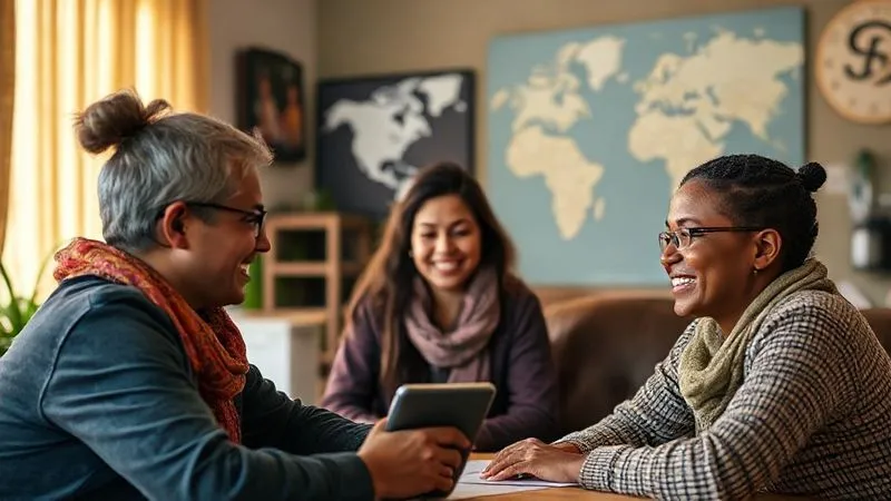 A photorealistic image depicting a volunteer back home, video conferencing with local community members they worked with, smiling and sharing updates, with a world map subtly in the background. The scene exudes warmth and continued connection, cinematic lighting, sharp focus on the faces, depth of field, 8K hyper-detailed, professional photography. A photorealistic image depicting a volunteer back home, video conferencing with local community members they worked with, smiling and sharing updates, with a world map subtly in the background. The scene exudes warmth and continued connection, cinematic lighting, sharp focus on the faces, depth of field, 8K hyper-detailed, professional photography.
