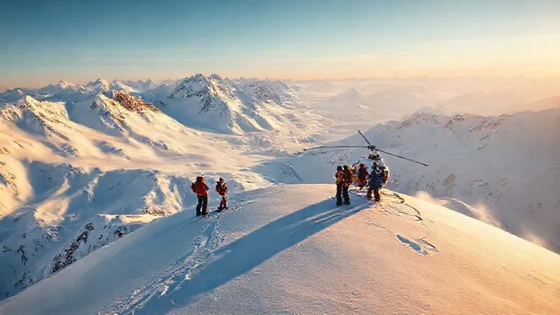A photorealistic image of a small group of four skiers and one guide standing on a pristine, snow-covered mountain ridge, looking out over an untouched vast wilderness. A single, small, modern heli-skiing helicopter is gently landed a short distance away, partially obscured by a snowdrift, emphasizing the intimacy and solitude of the remote location. Golden hour cinematic lighting, sharp focus on the group and the immediate foreground, depth of field blurring the distant peaks, 8K hyper-detailed. A photorealistic image of a small group of four skiers and one guide standing on a pristine, snow-covered mountain ridge, looking out over an untouched vast wilderness. A single, small, modern heli-skiing helicopter is gently landed a short distance away, partially obscured by a snowdrift, emphasizing the intimacy and solitude of the remote location. Golden hour cinematic lighting, sharp focus on the group and the immediate foreground, depth of field blurring the distant peaks, 8K hyper-detailed.