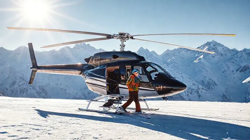A photorealistic image of a sleek, modern private heli-skiing helicopter parked on a flat, snow-covered landing zone high in the mountains. Two skiers are just stepping out, their faces filled with anticipation, looking towards a vast expanse of untouched powder. The helicopter is gleaming under the bright sun, with dramatic mountain peaks in the background, conveying luxury, freedom, and immediate access to exclusive terrain. Cinematic lighting, sharp focus on the helicopter and skiers, depth of field blurring the distant mountains, 8K hyper-detailed. A photorealistic image of a sleek, modern private heli-skiing helicopter parked on a flat, snow-covered landing zone high in the mountains. Two skiers are just stepping out, their faces filled with anticipation, looking towards a vast expanse of untouched powder. The helicopter is gleaming under the bright sun, with dramatic mountain peaks in the background, conveying luxury, freedom, and immediate access to exclusive terrain. Cinematic lighting, sharp focus on the helicopter and skiers, depth of field blurring the distant mountains, 8K hyper-detailed.