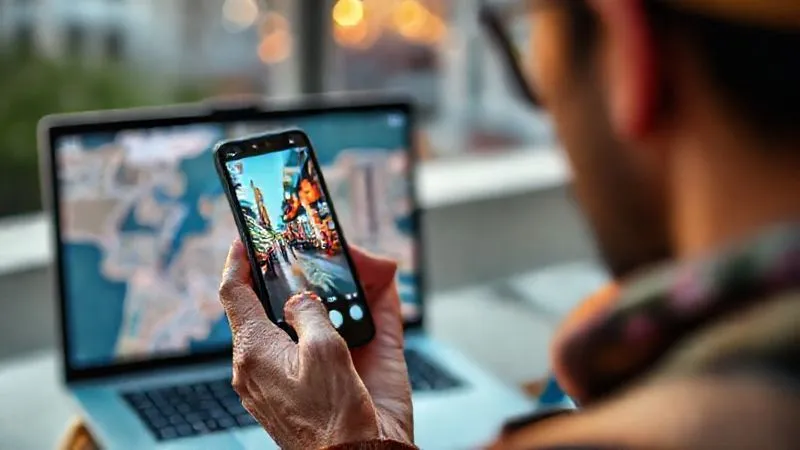 A traveler intently scrolling through Instagram on their phone, displaying vibrant street art photos, with a blurred city map open on a laptop in the background. photorealistic, professional photography, 8K, cinematic lighting, sharp focus on the phone screen, depth of field blurring the background, shot on a high-end DSLR. A traveler intently scrolling through Instagram on their phone, displaying vibrant street art photos, with a blurred city map open on a laptop in the background. photorealistic, professional photography, 8K, cinematic lighting, sharp focus on the phone screen, depth of field blurring the background, shot on a high-end DSLR.