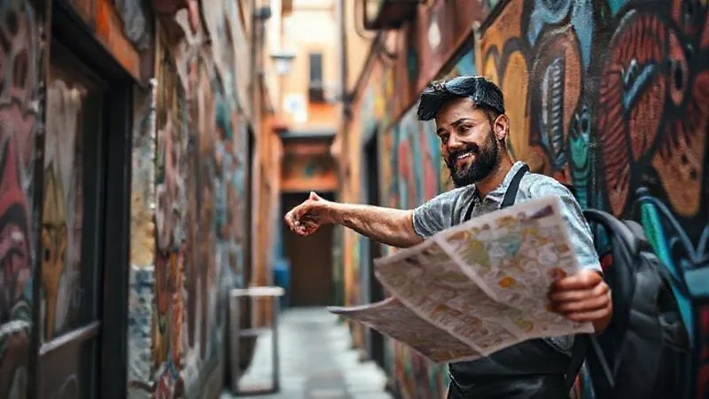 A friendly local barista pointing enthusiastically down a narrow, colorful alleyway to a traveler holding a map. The alley is adorned with vibrant, intricate street art. photorealistic, professional photography, 8K, cinematic lighting, sharp focus on the interaction and the art, depth of field blurring the background, shot on a high-end DSLR. A friendly local barista pointing enthusiastically down a narrow, colorful alleyway to a traveler holding a map. The alley is adorned with vibrant, intricate street art. photorealistic, professional photography, 8K, cinematic lighting, sharp focus on the interaction and the art, depth of field blurring the background, shot on a high-end DSLR.
