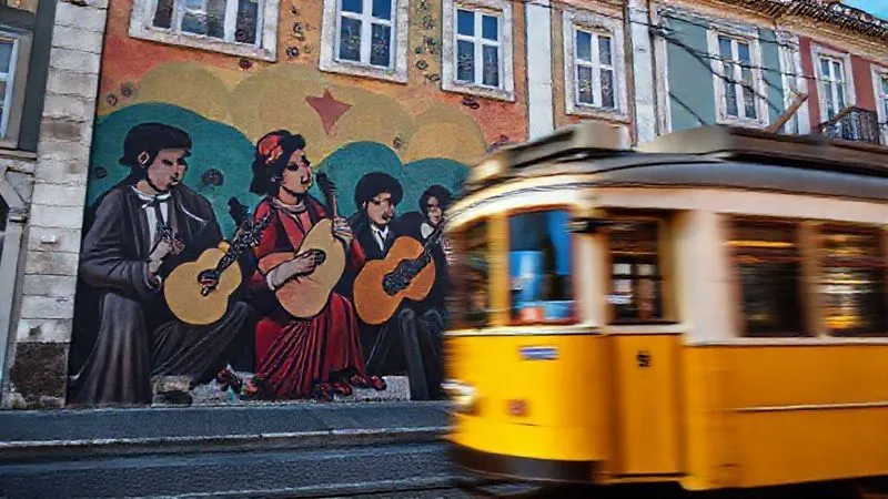 A vibrant, large-scale street art mural depicting Fado singers on a historic building facade in Lisbon, with a classic yellow tram passing by in the foreground. photorealistic, professional photography, 8K, cinematic lighting, sharp focus on the mural, depth of field blurring the tram, shot on a high-end DSLR. A vibrant, large-scale street art mural depicting Fado singers on a historic building facade in Lisbon, with a classic yellow tram passing by in the foreground. photorealistic, professional photography, 8K, cinematic lighting, sharp focus on the mural, depth of field blurring the tram, shot on a high-end DSLR.