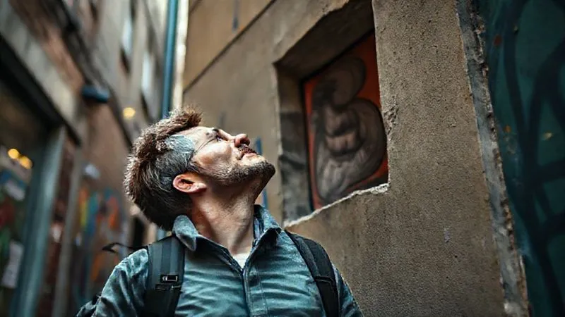 A traveler with a discerning eye, looking up at a detailed, hidden street art piece on a high wall in an unexpected urban corner. The scene emphasizes observation and discovery. photorealistic, professional photography, 8K, cinematic lighting, sharp focus on the art and traveler's expression, depth of field blurring the background, shot on a high-end DSLR. A traveler with a discerning eye, looking up at a detailed, hidden street art piece on a high wall in an unexpected urban corner. The scene emphasizes observation and discovery. photorealistic, professional photography, 8K, cinematic lighting, sharp focus on the art and traveler's expression, depth of field blurring the background, shot on a high-end DSLR.