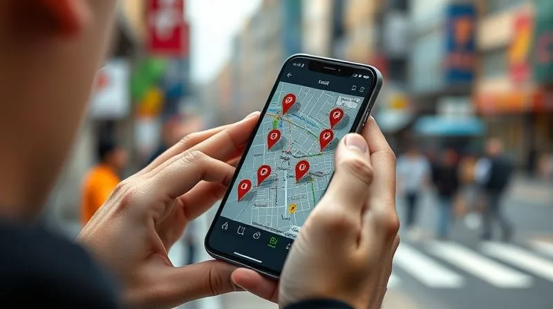 A photorealistic, professional photography, 8K, cinematic lighting, sharp focus, depth of field, shot on a high-end DSLR. A person's hands are holding a smartphone, zoomed into a detailed map app showing multiple pinned locations of street art in a bustling, colorful city, with a blurred cityscape in the background, hinting at preparation and discovery. A photorealistic, professional photography, 8K, cinematic lighting, sharp focus, depth of field, shot on a high-end DSLR. A person's hands are holding a smartphone, zoomed into a detailed map app showing multiple pinned locations of street art in a bustling, colorful city, with a blurred cityscape in the background, hinting at preparation and discovery.