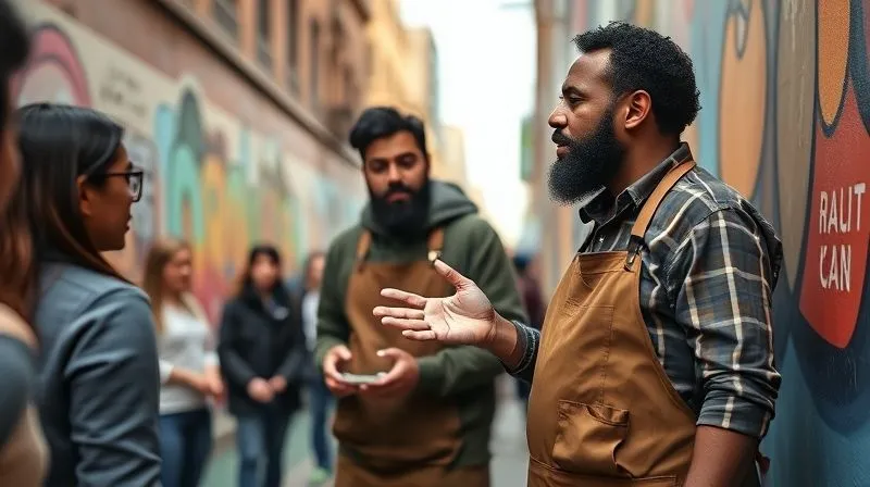 A photorealistic, professional photography, 8K, cinematic lighting, sharp focus, depth of field, shot on a high-end DSLR. A street artist in a work apron, with paint on their hands, is respectfully interacting with a small group of viewers, explaining their mural in a vibrant urban setting. The scene conveys mutual respect and artistic engagement. A photorealistic, professional photography, 8K, cinematic lighting, sharp focus, depth of field, shot on a high-end DSLR. A street artist in a work apron, with paint on their hands, is respectfully interacting with a small group of viewers, explaining their mural in a vibrant urban setting. The scene conveys mutual respect and artistic engagement.