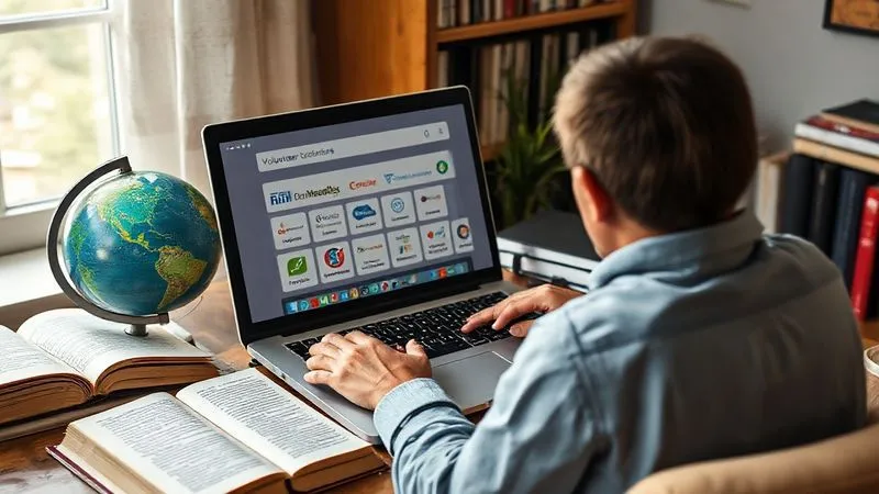 A photorealistic image of a person at a laptop, surrounded by open books and a globe, meticulously researching volunteer organizations online. The screen shows various logos of reputable international NGOs and a search bar. The setting is a cozy, well-lit study, emphasizing diligent research and preparation. Photorealistic, professional photography, 8K, cinematic lighting, sharp focus, depth of field, shot on a high-end DSLR. A photorealistic image of a person at a laptop, surrounded by open books and a globe, meticulously researching volunteer organizations online. The screen shows various logos of reputable international NGOs and a search bar. The setting is a cozy, well-lit study, emphasizing diligent research and preparation. Photorealistic, professional photography, 8K, cinematic lighting, sharp focus, depth of field, shot on a high-end DSLR.
