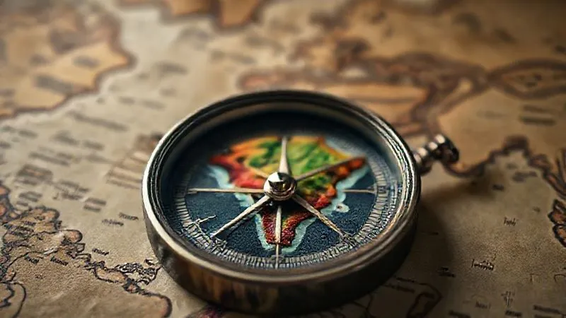A photorealistic image of a compass pointing towards an uncharted, vibrant landmass on an old map, symbolizing discovery and new opportunities in travel. Professional photography, 8K, cinematic lighting, sharp focus, depth of field, shot on a high-end DSLR.