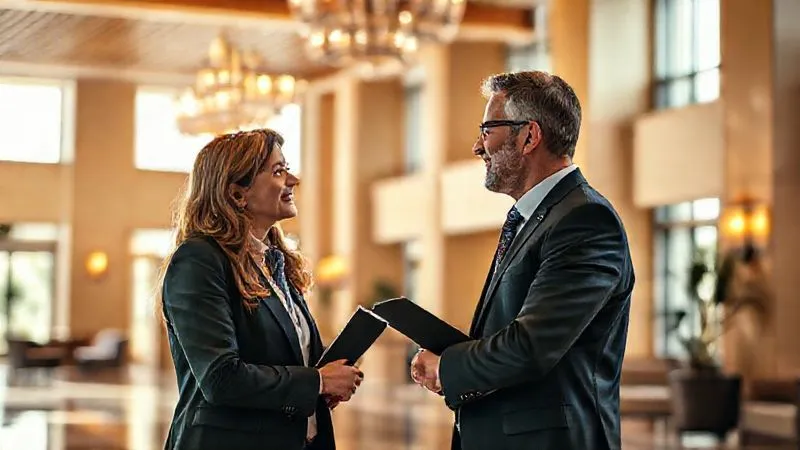A photorealistic image depicting a travel agent having a friendly but professional conversation with a local hotel manager in a vibrant, sunlit lobby, symbolizing successful negotiation and partnership. Professional photography, 8K, cinematic lighting, sharp focus on their interaction, depth of field, shot on a high-end DSLR.