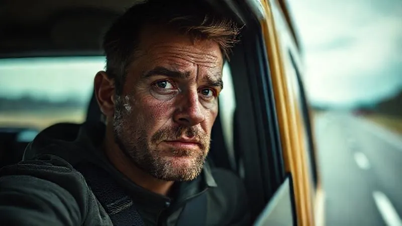 A photorealistic, professional photography, 8K, cinematic lighting shot of a weary but determined film crew member, possibly a grip or gaffer, looking out a window of a moving production van, the blur of the highway visible. Their face shows a hint of fatigue but also resilience. Sharp focus on the crew member, depth of field blurring the background, shot on a high-end DSLR, capturing the human element of long road trips. A photorealistic, professional photography, 8K, cinematic lighting shot of a weary but determined film crew member, possibly a grip or gaffer, looking out a window of a moving production van, the blur of the highway visible. Their face shows a hint of fatigue but also resilience. Sharp focus on the crew member, depth of field blurring the background, shot on a high-end DSLR, capturing the human element of long road trips.