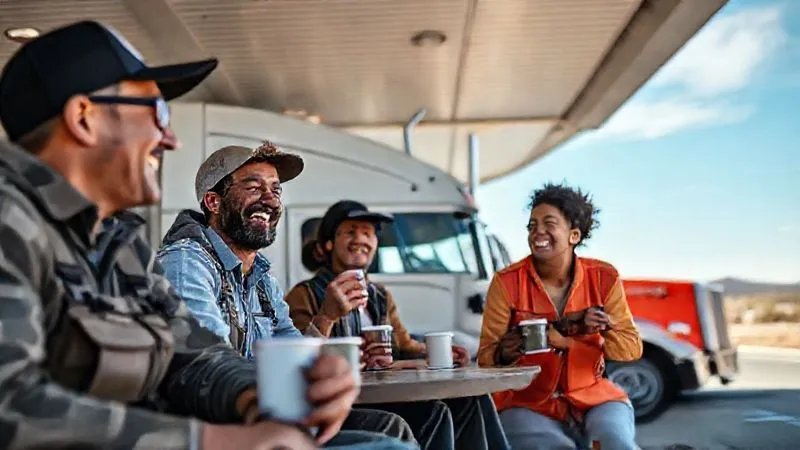 A photorealistic, professional photography, 8K, cinematic lighting shot of a diverse film crew enjoying a well-deserved break at a spacious, modern truck stop. They are laughing, stretching, and drinking coffee, with large production vehicles visible in the background under clear skies. Sharp focus on the happy crew members, depth of field blurring the background, shot on a high-end DSLR, emphasizing crew camaraderie and refreshment. A photorealistic, professional photography, 8K, cinematic lighting shot of a diverse film crew enjoying a well-deserved break at a spacious, modern truck stop. They are laughing, stretching, and drinking coffee, with large production vehicles visible in the background under clear skies. Sharp focus on the happy crew members, depth of field blurring the background, shot on a high-end DSLR, emphasizing crew camaraderie and refreshment.