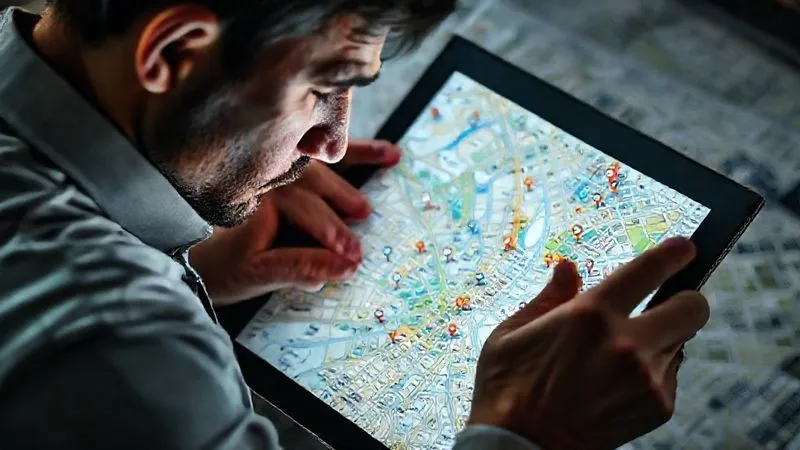 photorealistic, professional photography, 8K, cinematic lighting, sharp focus, depth of field, shot on a high-end DSLR. A person intently studying a detailed digital map on a tablet, with various pins and notes indicating potential noise sources like main roads, construction, and entertainment venues, overlaid on a city map. The person's face shows concentration and strategic planning. photorealistic, professional photography, 8K, cinematic lighting, sharp focus, depth of field, shot on a high-end DSLR. A person intently studying a detailed digital map on a tablet, with various pins and notes indicating potential noise sources like main roads, construction, and entertainment venues, overlaid on a city map. The person's face shows concentration and strategic planning.