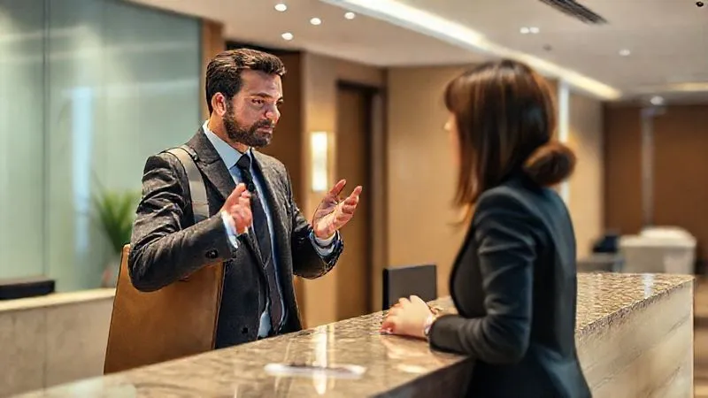 photorealistic, professional photography, 8K, cinematic lighting, sharp focus, depth of field, shot on a high-end DSLR. A business traveler, looking professional and calm, politely speaking to a hotel front desk agent. The traveler is gesturing subtly, indicating a need for a quiet room, while the agent listens attentively, a hotel key card visible on the counter. photorealistic, professional photography, 8K, cinematic lighting, sharp focus, depth of field, shot on a high-end DSLR. A business traveler, looking professional and calm, politely speaking to a hotel front desk agent. The traveler is gesturing subtly, indicating a need for a quiet room, while the agent listens attentively, a hotel key card visible on the counter.