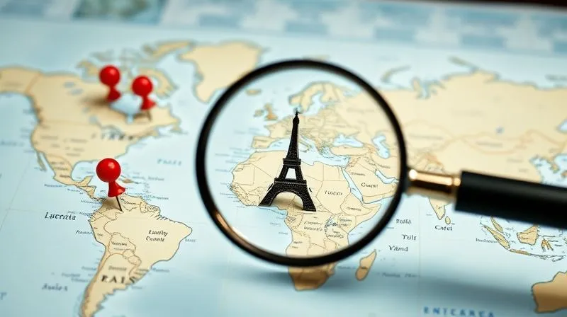 A photorealistic image of a world map with pins marking major cities known for luxury goods, with a magnifying glass hovering over Paris, cinematic lighting, sharp focus on the pins, depth of field blurring the rest of the map, 8K hyper-detailed.