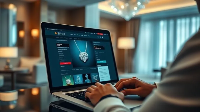 A photorealistic image of a person using a laptop in a luxurious hotel room, browsing an online auction website showcasing a rare diamond necklace, cinematic lighting, sharp focus on the laptop screen, depth of field blurring the background, 8K hyper-detailed.