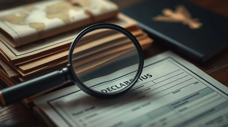 A photorealistic image of a stack of vintage travel documents and passports, with a magnifying glass hovering over a customs declaration form, cinematic lighting, sharp focus on the form, depth of field blurring the background, 8K hyper-detailed.