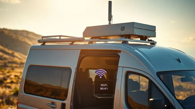 photorealistic, professional photography, 8K, cinematic lighting, sharp focus, depth of field, shot on a high-end DSLR. A sleek cellular signal booster antenna is mounted on the roof of a modern camper van parked in a beautiful, slightly remote, hilly landscape. Inside the van, a laptop screen shows a strong Wi-Fi signal, indicating successful amplification. The scene is bathed in warm, late afternoon sunlight.