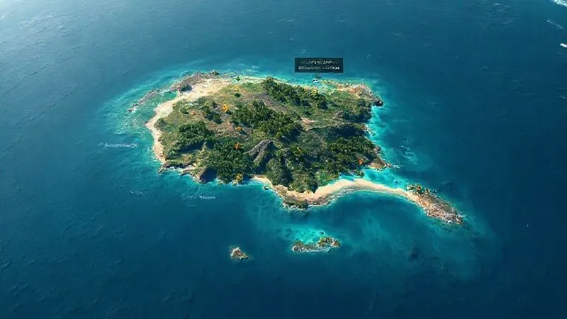A photorealistic digital map interface showing a detailed satellite view of a remote tropical island, with overlays indicating potential private access points and hidden beaches, data points highlighting environmental factors, professional UI design, 8K, cinematic lighting. A photorealistic digital map interface showing a detailed satellite view of a remote tropical island, with overlays indicating potential private access points and hidden beaches, data points highlighting environmental factors, professional UI design, 8K, cinematic lighting.