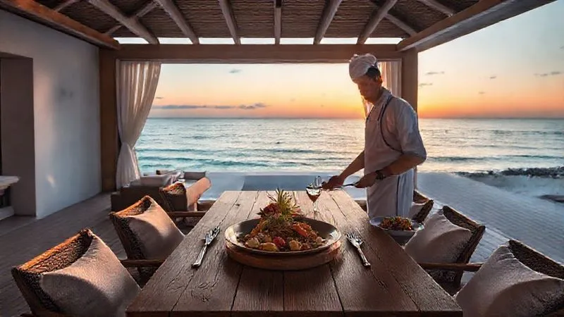 A photorealistic scene inside a minimalist, open-air luxury beach villa, a private chef presenting a gourmet meal on a wooden table overlooking the ocean at sunset, soft ambient lighting, sharp focus on the food and view, 8K, professional photography, depth of field. A photorealistic scene inside a minimalist, open-air luxury beach villa, a private chef presenting a gourmet meal on a wooden table overlooking the ocean at sunset, soft ambient lighting, sharp focus on the food and view, 8K, professional photography, depth of field.