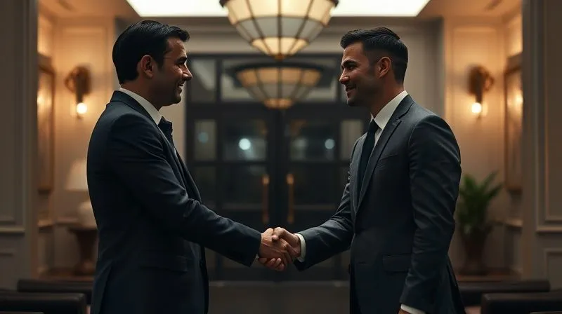 A photorealistic image of a sophisticated, discreet handshake between two well-dressed individuals in a luxurious, private setting, cinematic lighting, sharp focus. A photorealistic image of a sophisticated, discreet handshake between two well-dressed individuals in a luxurious, private setting, cinematic lighting, sharp focus.