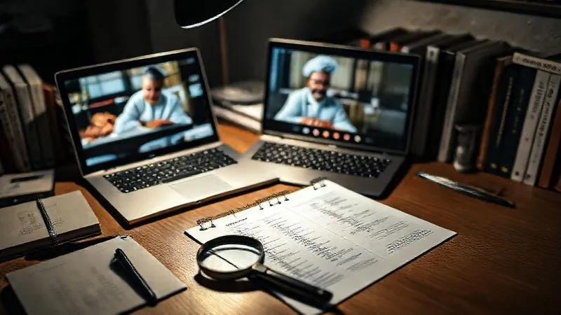 photorealistic, professional photography, 8K, cinematic lighting, sharp focus, depth of field, shot on a high-end DSLR. A meticulously organized desk with a laptop displaying a video call of a chef, surrounded by open notebooks, pens, and a curated selection of culinary books. A magnifying glass rests on a printed itinerary, suggesting careful review and due diligence. The lighting is soft and focused on the desk, creating an atmosphere of detailed planning and expertise. photorealistic, professional photography, 8K, cinematic lighting, sharp focus, depth of field, shot on a high-end DSLR. A meticulously organized desk with a laptop displaying a video call of a chef, surrounded by open notebooks, pens, and a curated selection of culinary books. A magnifying glass rests on a printed itinerary, suggesting careful review and due diligence. The lighting is soft and focused on the desk, creating an atmosphere of detailed planning and expertise.