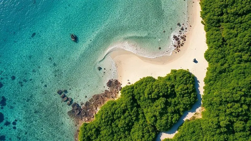 A close-up, high-resolution satellite map view of a remote coastal area, highlighting a pristine white sand beach with lush green vegetation and clear blue water, showing a faint walking trail leading to it. Photorealistic, professional photography, 8K, cinematic lighting, sharp focus, depth of field, shot on a high-end DSLR.