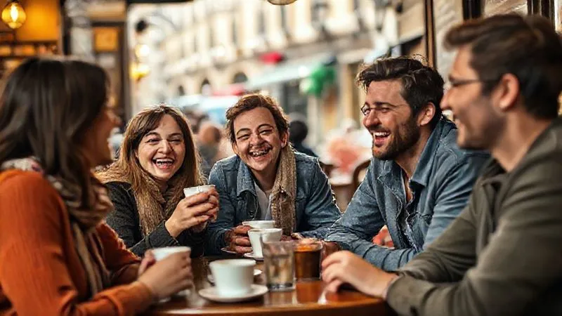 Photorealistic professional photography of a diverse group of locals and a traveler sitting together in a cozy, authentic cafe in an old European city, sharing stories and laughter over coffee, warm ambient light, sharp focus on their animated faces, depth of field blurring the cafe background, 8K hyper-detailed, shot on a high-end DSLR, conveying genuine connection and cultural exchange.