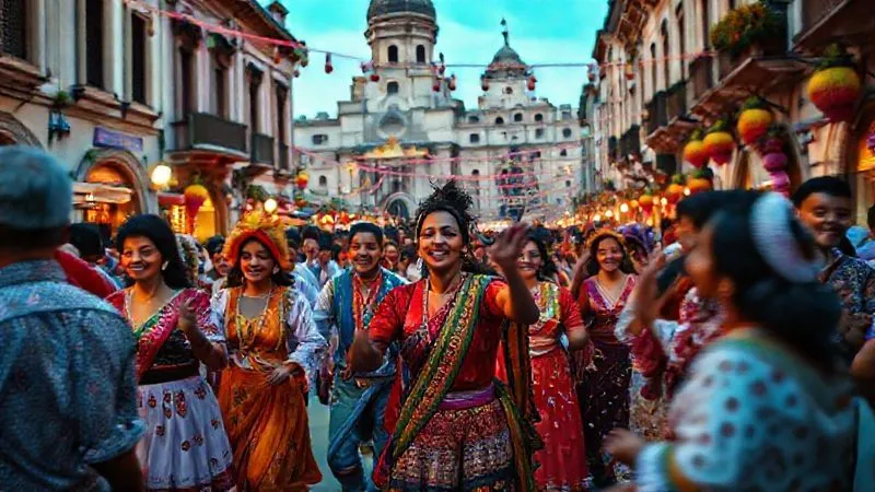 Photorealistic professional photography of a vibrant, colorful street festival in a historical city, with locals in traditional attire dancing and celebrating, ancient buildings in the background, festive decorations, dynamic cinematic lighting, sharp focus on the joyous faces and movement, depth of field blurring the crowd, 8K hyper-detailed, shot on a high-end DSLR, conveying energy and cultural authenticity.