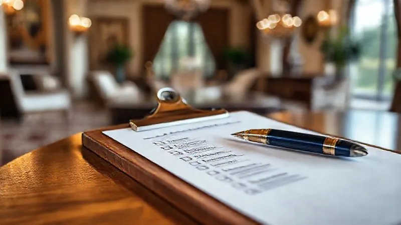 A detailed checklist on a luxurious wooden clipboard with a fountain pen, implying thorough due diligence and meticulous planning. The background is a subtly blurred, opulent villa interior, professional photography, 8K, cinematic lighting, sharp focus on the checklist, depth of field blurring the background, shot on a high-end DSLR. A detailed checklist on a luxurious wooden clipboard with a fountain pen, implying thorough due diligence and meticulous planning. The background is a subtly blurred, opulent villa interior, professional photography, 8K, cinematic lighting, sharp focus on the checklist, depth of field blurring the background, shot on a high-end DSLR.