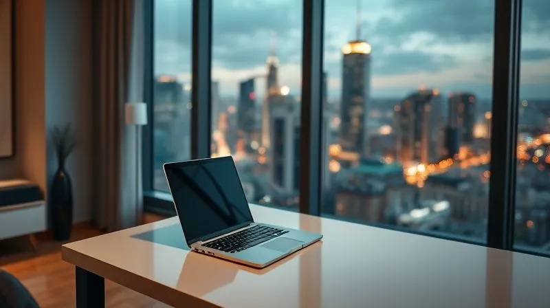 A photorealistic image of a sleek, modern serviced apartment living space, minimalist decor, a laptop open on a clean desk, and a window overlooking a bustling city at dusk. Cinematic lighting, sharp focus on the workspace, depth of field blurring the city lights. 8K hyper-detailed, professional photography, shot on a high-end DSLR, conveying comfort and productivity.