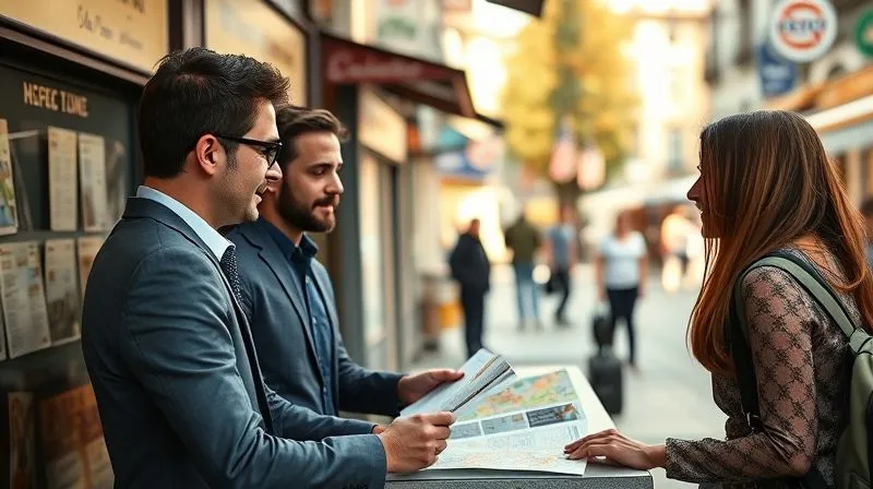 A photorealistic image of a business traveler speaking with a friendly local at a bustling yet charming city tourist information desk, illuminated by natural light. Maps and brochures are visible, conveying helpful interaction and local discovery. Sharp focus on the interaction, depth of field blurring the background street scene. 8K hyper-detailed, professional photography, shot on a high-end DSLR, emphasizing human connection and problem-solving.