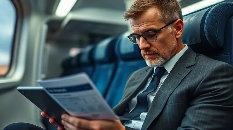 A photorealistic image of a business traveler meticulously checking documents and a digital Eurail pass on a tablet, with a focused and slightly concerned expression, sitting in a train compartment. Professional photography, 8K, cinematic lighting, sharp focus, depth of field, shot on a high-end DSLR.