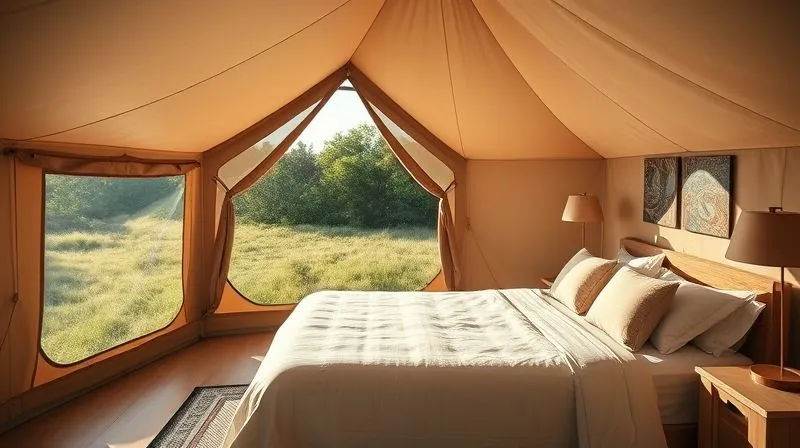 A photorealistic, professional photography, 8K, cinematic lighting, sharp focus, depth of field, shot on a high-end DSLR, showing a serene luxury glamping tent interior, perfectly clean and well-appointed, with sunlight streaming through a large window overlooking a lush natural landscape. The image conveys peace, comfort, and high-end design, reflecting the high expectations of a luxury glamping guest.