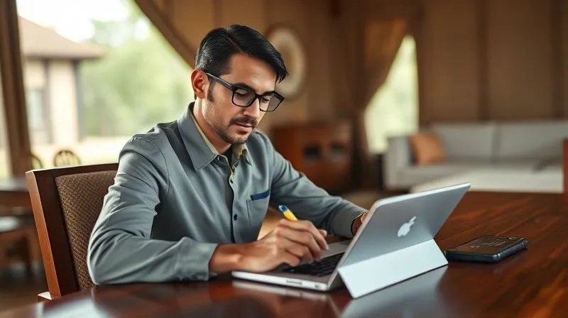 A photorealistic, professional photography, 8K, cinematic lighting, sharp focus, depth of field, shot on a high-end DSLR, showing a calm, empathetic resort manager in a sophisticated uniform, seated at a polished wooden desk, writing a thoughtful response on a tablet. The background subtly features elements of a luxury glamping resort, emphasizing professionalism and attentiveness.
