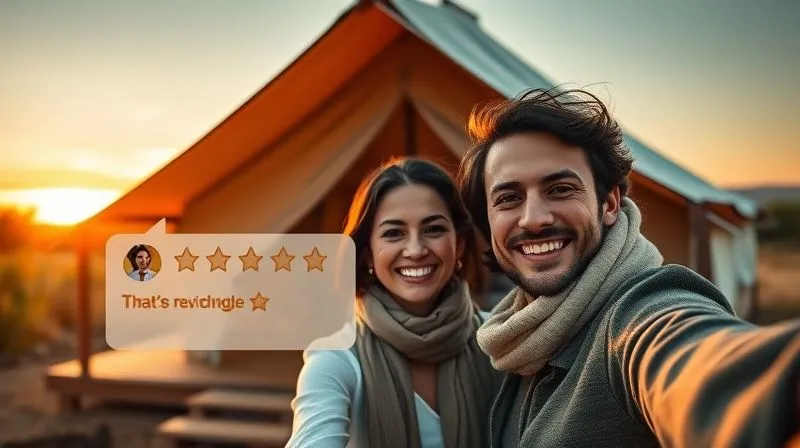 A photorealistic, professional photography, 8K, cinematic lighting, sharp focus, depth of field, shot on a high-end DSLR, showing a happy couple smiling and taking a selfie in front of a stunning luxury glamping tent at sunset, with a subtle overlay of a review pop-up icon, symbolizing the capture of a positive guest experience.