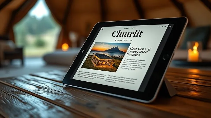 A photorealistic, professional photography, 8K, cinematic lighting, sharp focus, depth of field, shot on a high-end DSLR, showing a beautifully designed email newsletter open on a tablet, featuring stunning images of a luxury glamping resort and a personalized offer for a past guest. The tablet is resting on a rustic-chic table within a glamping tent setting, hinting at future experiences.