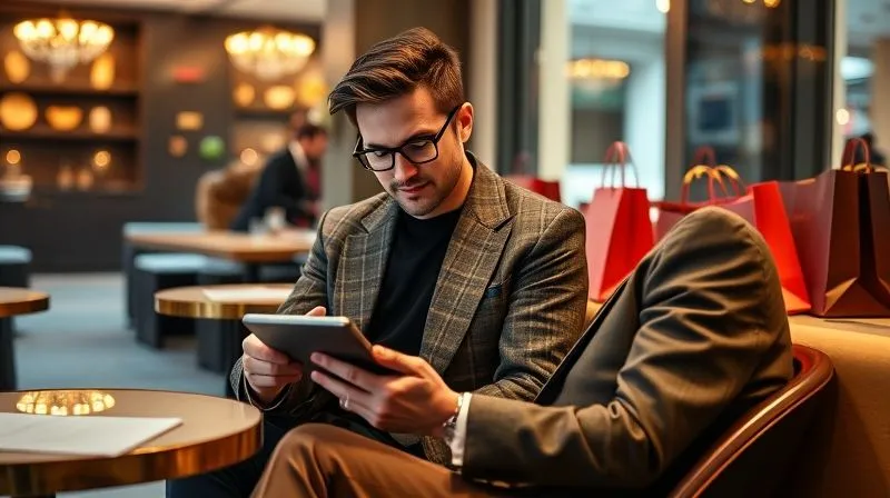 A photorealistic image of a luxury consumer using a tablet while sitting in a stylish cafe, with high-end shopping bags visible in the background, cinematic lighting A photorealistic image of a luxury consumer using a tablet while sitting in a stylish cafe, with high-end shopping bags visible in the background, cinematic lighting