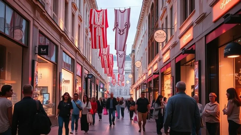 A photorealistic image of a luxury shopping district street featuring a live music performance, with shoppers enjoying the atmosphere, cinematic lighting A photorealistic image of a luxury shopping district street featuring a live music performance, with shoppers enjoying the atmosphere, cinematic lighting