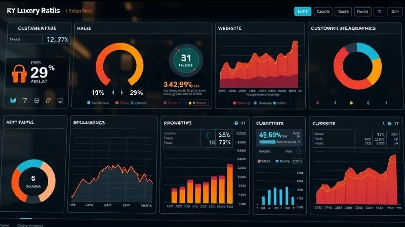 A photorealistic image of a dashboard displaying key performance indicators (KPIs) for a luxury retail business, with charts and graphs showing sales trends, customer demographics, and website traffic, cinematic lighting A photorealistic image of a dashboard displaying key performance indicators (KPIs) for a luxury retail business, with charts and graphs showing sales trends, customer demographics, and website traffic, cinematic lighting