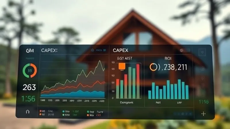 photorealistic, professional photography, 8K, cinematic lighting, sharp focus, depth of field, shot on a high-end DSLR. A sophisticated digital dashboard displaying financial projections, graphs of CAPEX vs OPEX, and ROI calculations for a renewable energy project, with a blurred background of an eco-lodge.