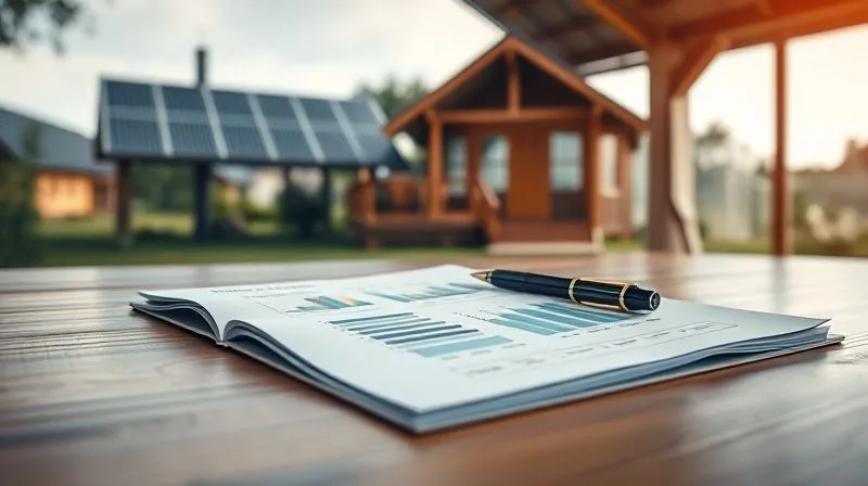 photorealistic, professional photography, 8K, cinematic lighting, sharp focus, depth of field, shot on a high-end DSLR. A meticulously organized desk with a detailed financial proposal document open, showcasing graphs, charts, and a pen. In the background, a blurred image of an eco-lodge with solar panels.