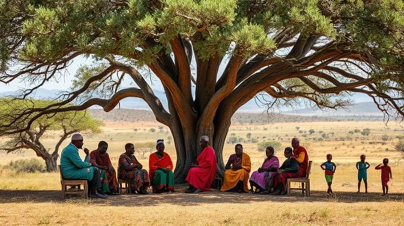 A photorealistic, professional photograph of a vibrant Maasai community meeting under a large acacia tree, discussing conservation plans with a project manager, children playing in the background, 8K, cinematic lighting, sharp focus on the group, depth of field blurring the distant savanna, shot on a high-end DSLR, conveying collaboration and local empowerment. A photorealistic, professional photograph of a vibrant Maasai community meeting under a large acacia tree, discussing conservation plans with a project manager, children playing in the background, 8K, cinematic lighting, sharp focus on the group, depth of field blurring the distant savanna, shot on a high-end DSLR, conveying collaboration and local empowerment.