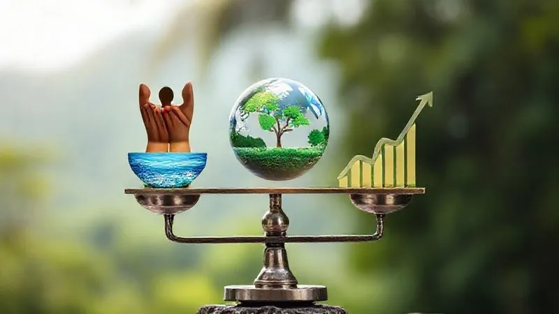Photorealistic, professional photography, 8K, cinematic lighting, sharp focus, depth of field, shot on a high-end DSLR. A balanced scale with three distinct, glowing elements: one representing 'People' (a diverse group of hands working together), one representing 'Planet' (a vibrant, healthy ecosystem with clean water and lush trees), and one representing 'Profit' (a stylized, growing financial graph). The scale is perfectly balanced, symbolizing the Triple Bottom Line in sustainable eco-tourism. The background is a blurred, serene natural landscape. Photorealistic, professional photography, 8K, cinematic lighting, sharp focus, depth of field, shot on a high-end DSLR. A balanced scale with three distinct, glowing elements: one representing 'People' (a diverse group of hands working together), one representing 'Planet' (a vibrant, healthy ecosystem with clean water and lush trees), and one representing 'Profit' (a stylized, growing financial graph). The scale is perfectly balanced, symbolizing the Triple Bottom Line in sustainable eco-tourism. The background is a blurred, serene natural landscape.