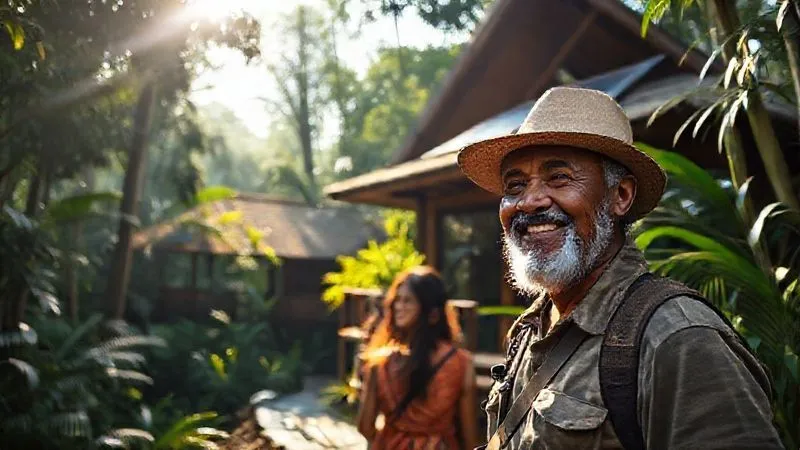 Photorealistic, professional photography, 8K, cinematic lighting, sharp focus, depth of field, shot on a high-end DSLR. A beautifully designed, eco-friendly lodge nestled harmoniously within a dense, vibrant Amazon rainforest. Sunlight filters through the canopy, highlighting sustainable architecture materials and subtle solar panels on the roof. In the foreground, a local indigenous guide smiles, interacting with a small group of respectful eco-tourists, conveying community involvement and sustainable livelihoods. The image should evoke a sense of peace, prosperity, and environmental stewardship. Photorealistic, professional photography, 8K, cinematic lighting, sharp focus, depth of field, shot on a high-end DSLR. A beautifully designed, eco-friendly lodge nestled harmoniously within a dense, vibrant Amazon rainforest. Sunlight filters through the canopy, highlighting sustainable architecture materials and subtle solar panels on the roof. In the foreground, a local indigenous guide smiles, interacting with a small group of respectful eco-tourists, conveying community involvement and sustainable livelihoods. The image should evoke a sense of peace, prosperity, and environmental stewardship.
