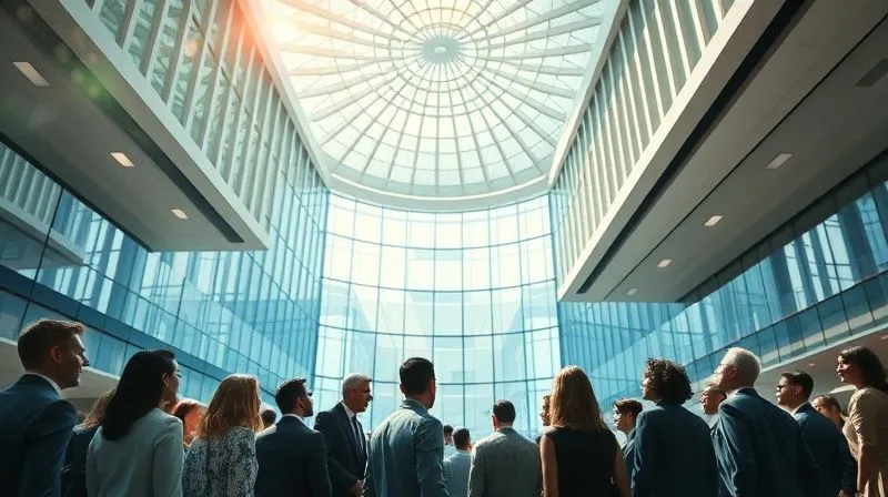 A photorealistic image of a diverse group of people, dressed professionally, gathered in the sunlit atrium of a sleek, modern corporate building, looking up in awe at the intricate ceiling design. Cinematic lighting, sharp focus on the people and architecture, depth of field blurring the background, 8K hyper-detailed. A photorealistic image of a diverse group of people, dressed professionally, gathered in the sunlit atrium of a sleek, modern corporate building, looking up in awe at the intricate ceiling design. Cinematic lighting, sharp focus on the people and architecture, depth of field blurring the background, 8K hyper-detailed.