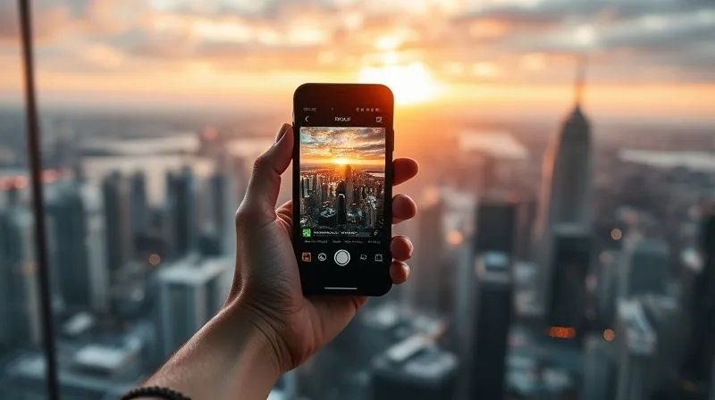 A photorealistic image of a person holding a smartphone, capturing a stunning panoramic view from a high-rise private modern building's observation deck, with a vibrant cityscape at sunset in the background. The phone screen shows a live feed, indicating social media sharing. Cinematic lighting, sharp focus on the phone and person, depth of field, 8K hyper-detailed. A photorealistic image of a person holding a smartphone, capturing a stunning panoramic view from a high-rise private modern building's observation deck, with a vibrant cityscape at sunset in the background. The phone screen shows a live feed, indicating social media sharing. Cinematic lighting, sharp focus on the phone and person, depth of field, 8K hyper-detailed.